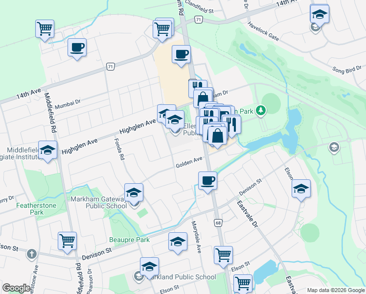 map of restaurants, bars, coffee shops, grocery stores, and more near 18 Angela Court in Markham