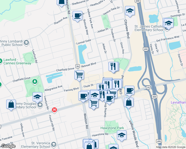 map of restaurants, bars, coffee shops, grocery stores, and more near 221 Tennant Circle in Vaughan
