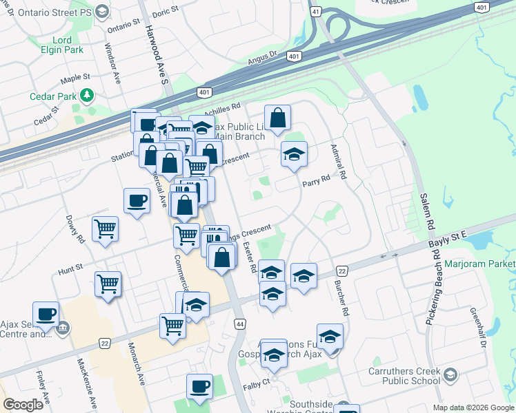map of restaurants, bars, coffee shops, grocery stores, and more near 47 Rideout Street in Ajax