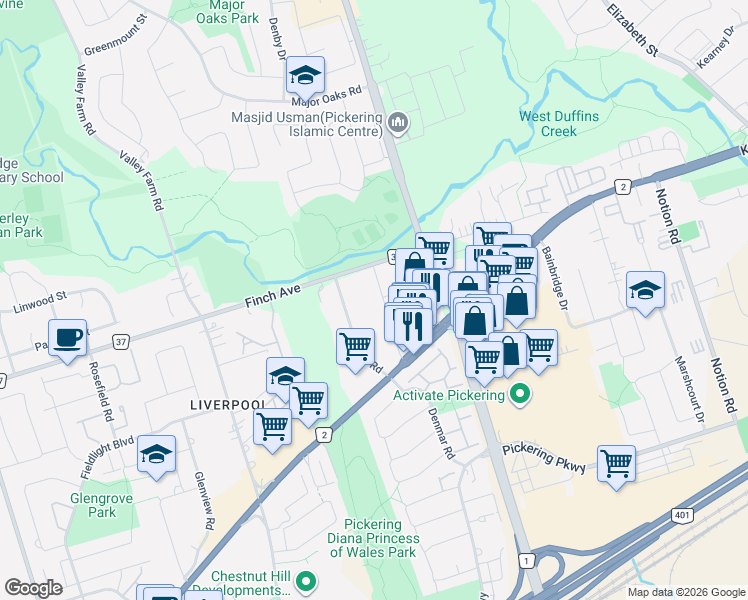 map of restaurants, bars, coffee shops, grocery stores, and more near 1988 Royal Road in Pickering