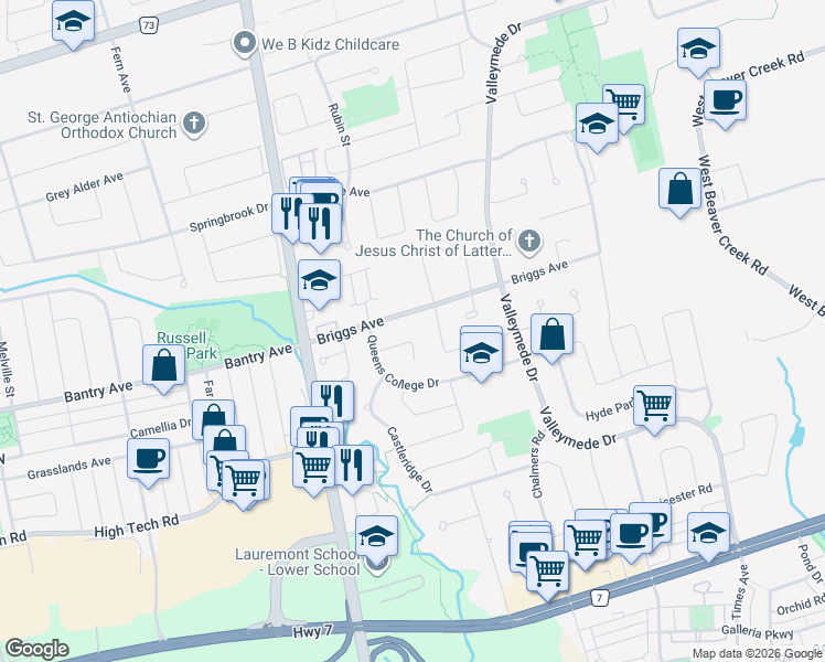 map of restaurants, bars, coffee shops, grocery stores, and more near 20 Avonlea Place in Richmond Hill