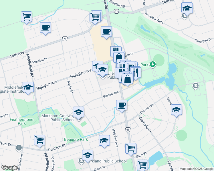 map of restaurants, bars, coffee shops, grocery stores, and more near 18 Angela Court in Markham