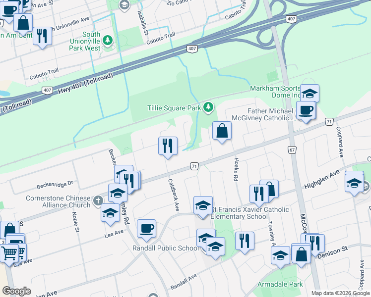 map of restaurants, bars, coffee shops, grocery stores, and more near 13 Edgecombe Court in Markham