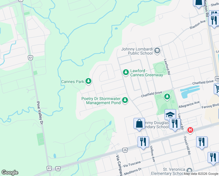map of restaurants, bars, coffee shops, grocery stores, and more near 58 Madoc Place in Vaughan