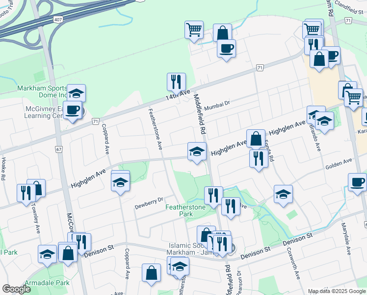 map of restaurants, bars, coffee shops, grocery stores, and more near in Markham