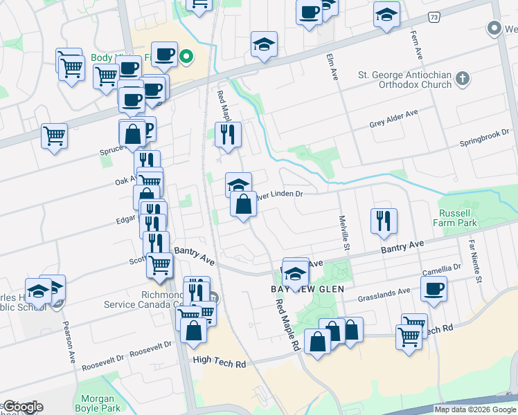 map of restaurants, bars, coffee shops, grocery stores, and more near 12 Rideau Drive in Richmond Hill