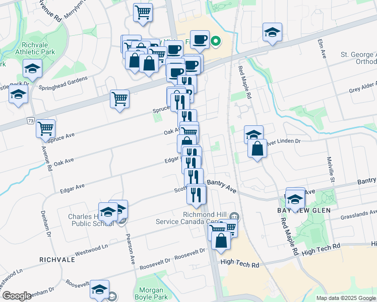 map of restaurants, bars, coffee shops, grocery stores, and more near 9088 Yonge Street in Richmond Hill