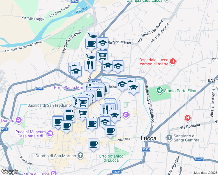 map of restaurants, bars, coffee shops, grocery stores, and more near 77 Via Michele Rosi in Lucca