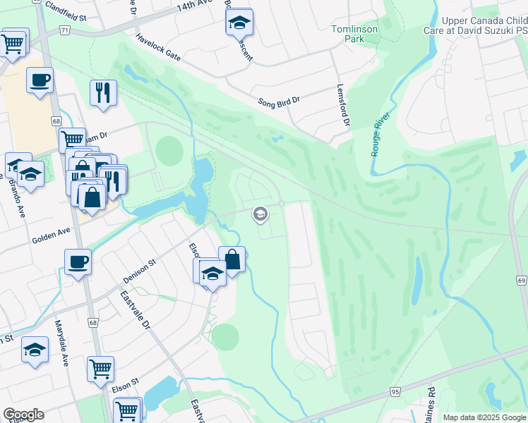 map of restaurants, bars, coffee shops, grocery stores, and more near 45 Denison Street in Markham