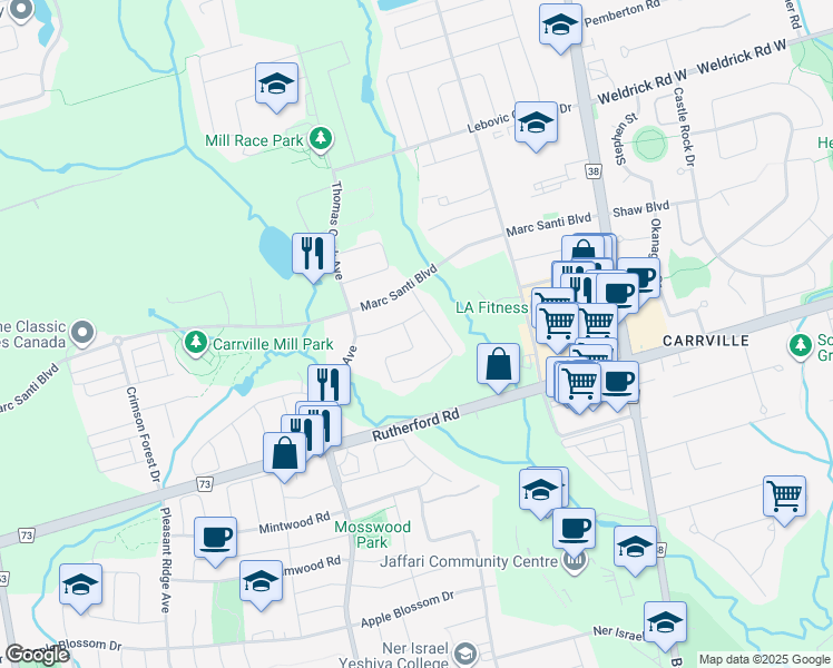 map of restaurants, bars, coffee shops, grocery stores, and more near 220 Cooks Mill Crescent in Vaughan