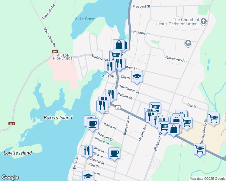map of restaurants, bars, coffee shops, grocery stores, and more near 582 Main Street in Yarmouth