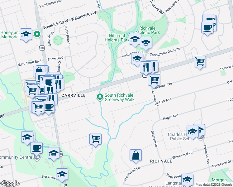 map of restaurants, bars, coffee shops, grocery stores, and more near 48 Birch Avenue in Richmond Hill
