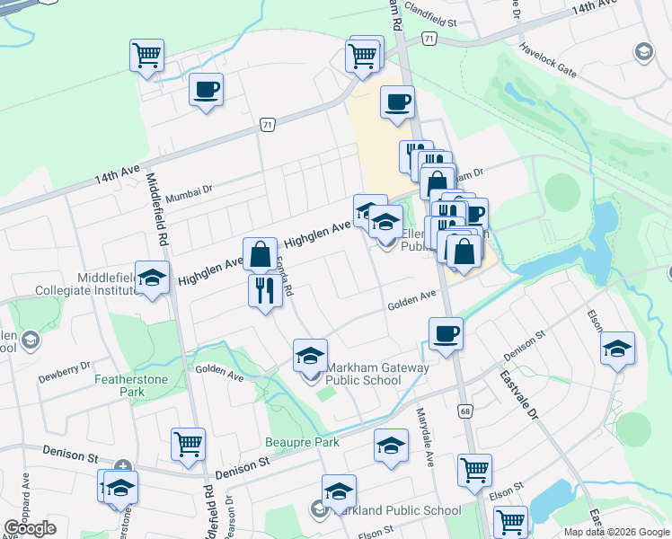 map of restaurants, bars, coffee shops, grocery stores, and more near 70 Stella Drive in Markham