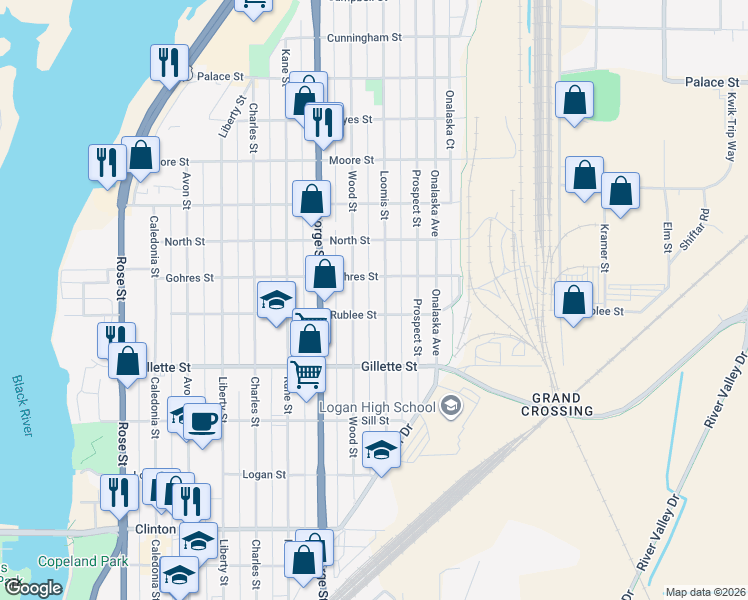 map of restaurants, bars, coffee shops, grocery stores, and more near 1649 Loomis Street in La Crosse