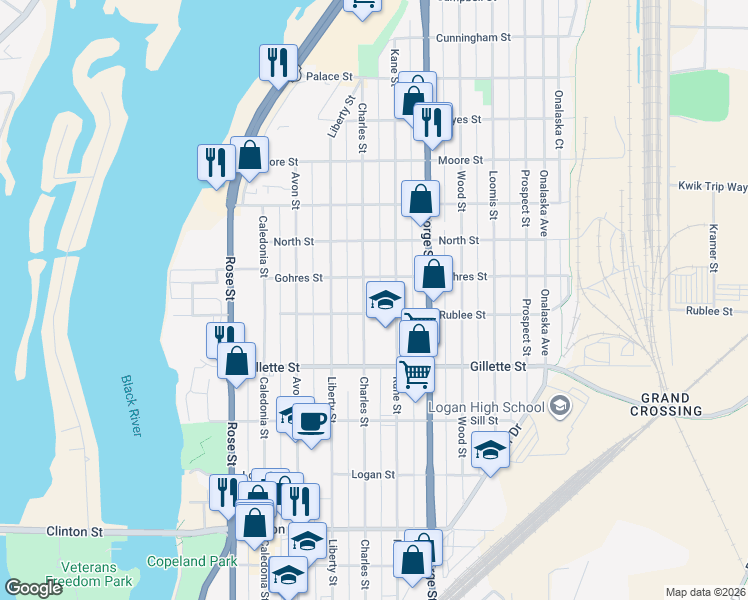 map of restaurants, bars, coffee shops, grocery stores, and more near 1702 Charles Street in La Crosse
