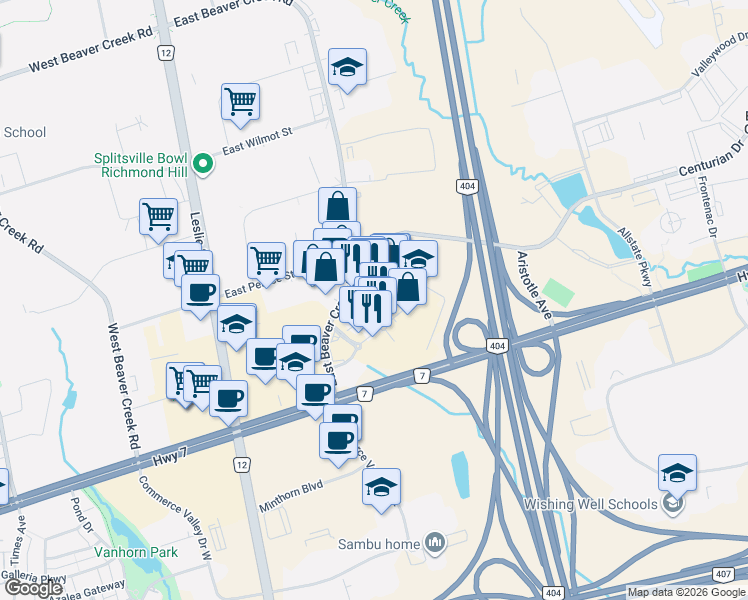 map of restaurants, bars, coffee shops, grocery stores, and more near 160 East Beaver Creek Road in Richmond Hill