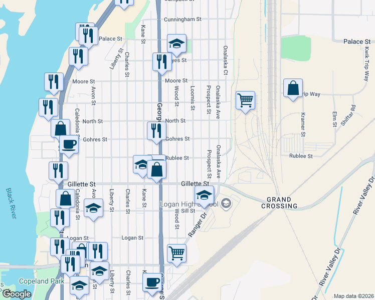 map of restaurants, bars, coffee shops, grocery stores, and more near 1649 Loomis Street in La Crosse