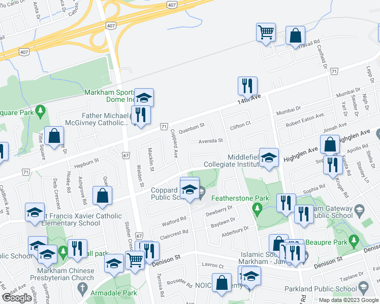 map of restaurants, bars, coffee shops, grocery stores, and more near 24 Sandham Crescent in Markham