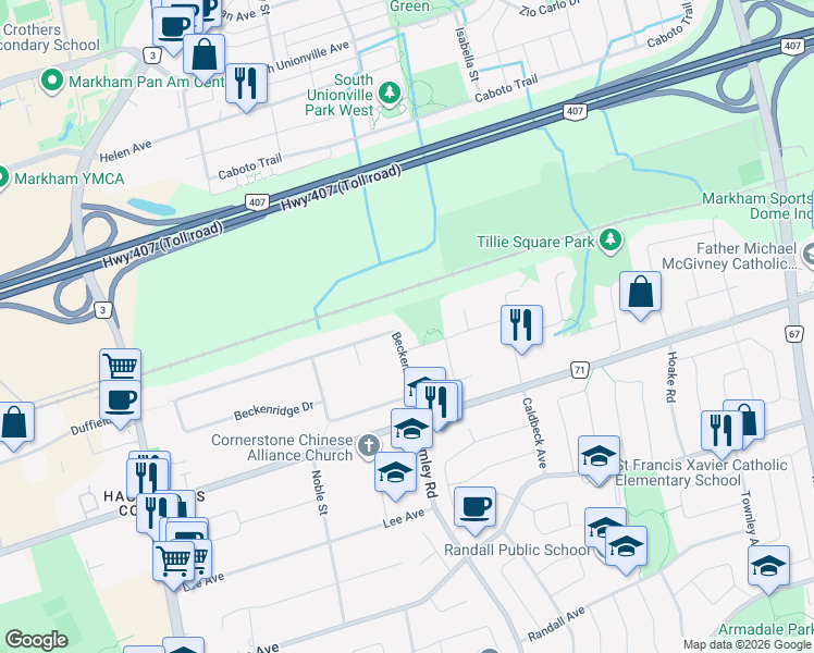 map of restaurants, bars, coffee shops, grocery stores, and more near 26 Beckenridge Drive in Markham