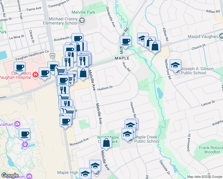 map of restaurants, bars, coffee shops, grocery stores, and more near 116 Lockheed Avenue in Vaughan