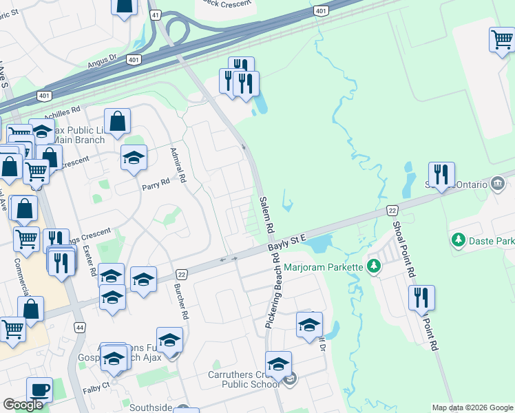 map of restaurants, bars, coffee shops, grocery stores, and more near 430 Salem Road South in Ajax