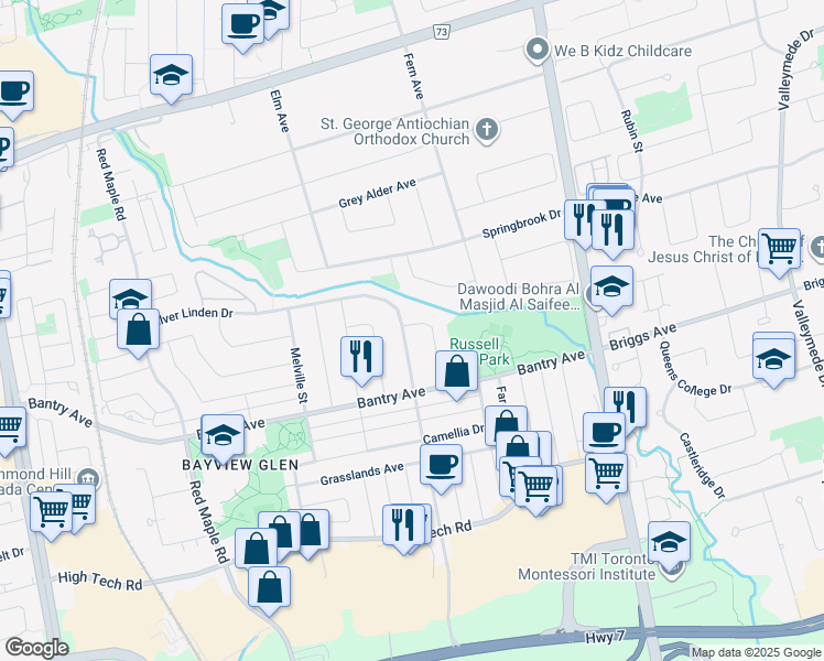 map of restaurants, bars, coffee shops, grocery stores, and more near 126 Silver Linden Drive in Richmond Hill