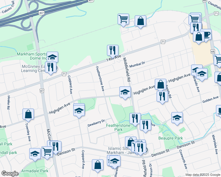 map of restaurants, bars, coffee shops, grocery stores, and more near Constantia Street in Markham