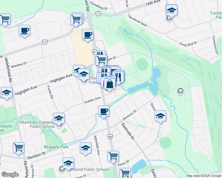 map of restaurants, bars, coffee shops, grocery stores, and more near 7393 Markham Road in Markham