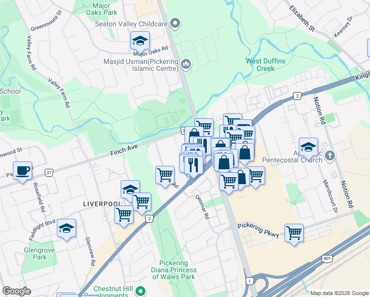 map of restaurants, bars, coffee shops, grocery stores, and more near 1982 Royal Road in Pickering