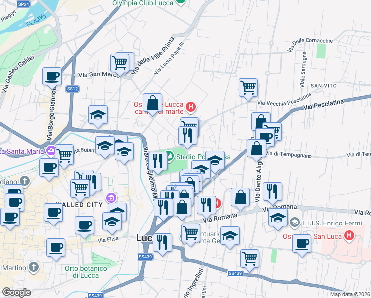 map of restaurants, bars, coffee shops, grocery stores, and more near Via Nicola Barbantini in Lucca