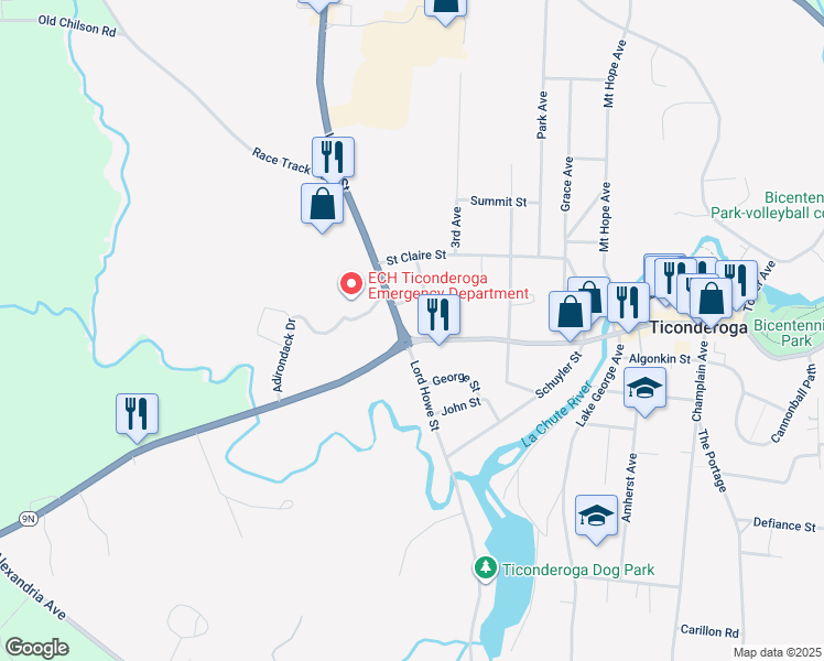 map of restaurants, bars, coffee shops, grocery stores, and more near 6 Moses Circle in Ticonderoga
