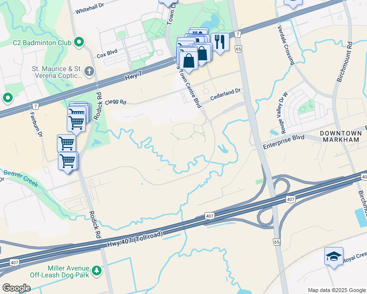 map of restaurants, bars, coffee shops, grocery stores, and more near 8250 Warden Avenue in Markham