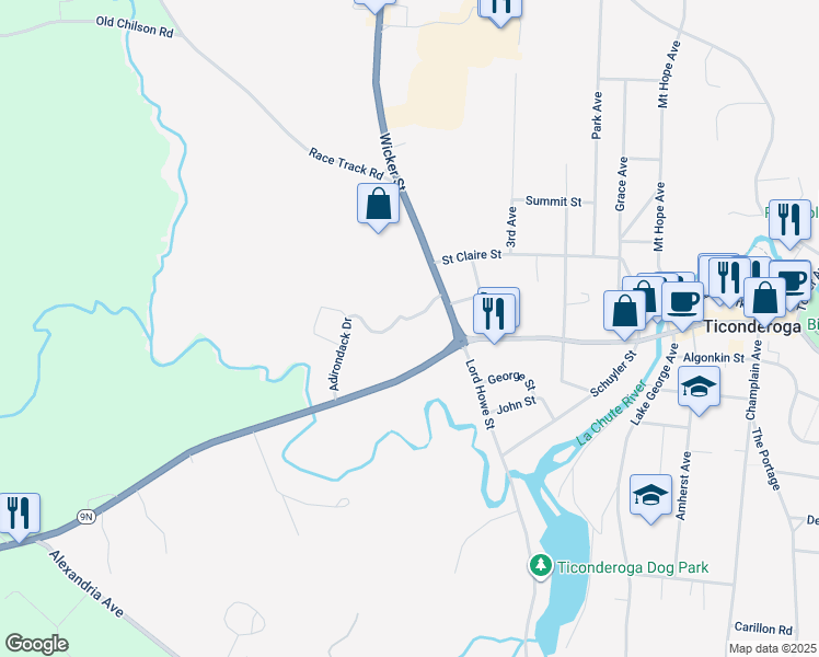 map of restaurants, bars, coffee shops, grocery stores, and more near 1001 Wicker Street in Ticonderoga