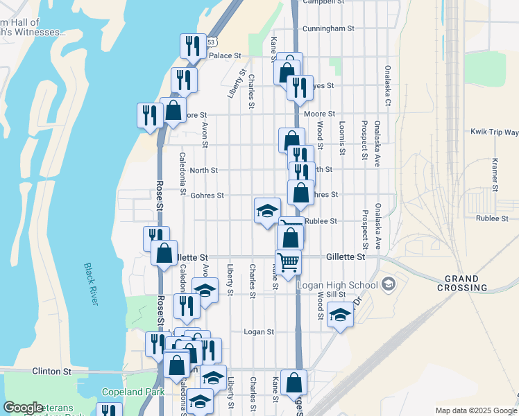 map of restaurants, bars, coffee shops, grocery stores, and more near 1702 Charles Street in La Crosse