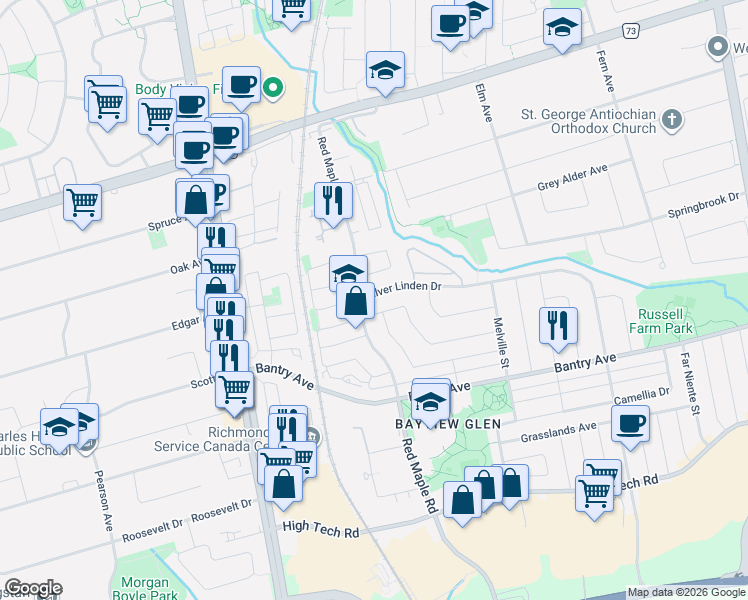 map of restaurants, bars, coffee shops, grocery stores, and more near 11 Silver Linden Drive in Richmond Hill