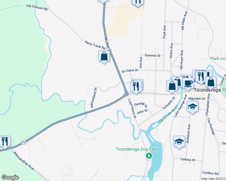 map of restaurants, bars, coffee shops, grocery stores, and more near 1007 Wicker Street in Ticonderoga