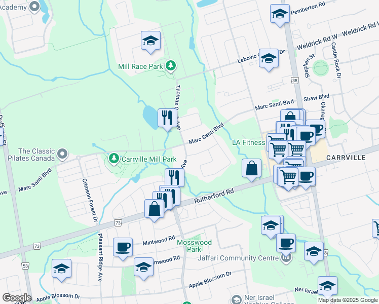map of restaurants, bars, coffee shops, grocery stores, and more near 2 Michael Fisher Avenue in Vaughan