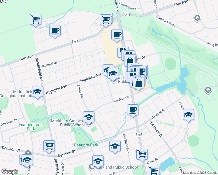 map of restaurants, bars, coffee shops, grocery stores, and more near Brando Avenue in Markham
