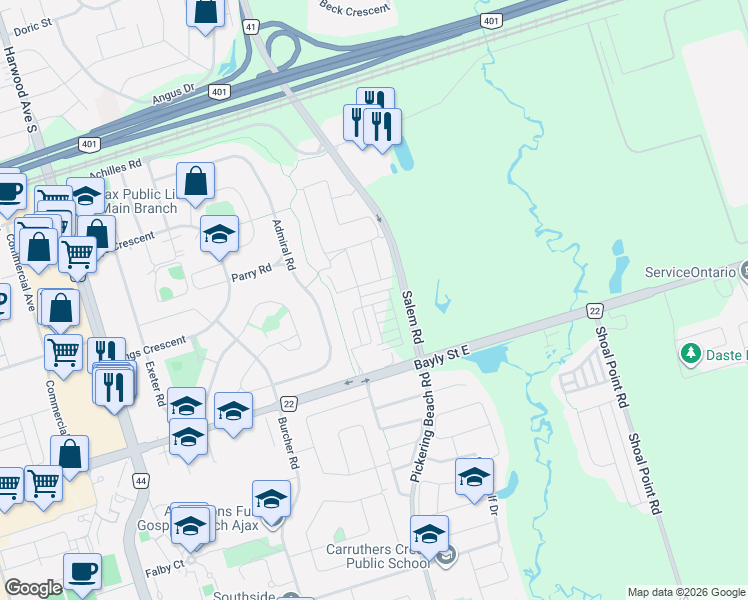 map of restaurants, bars, coffee shops, grocery stores, and more near 510 Littlewood Lane in Ajax