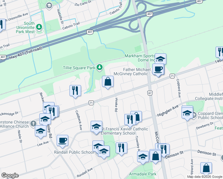 map of restaurants, bars, coffee shops, grocery stores, and more near 8 Redkey Drive in Markham