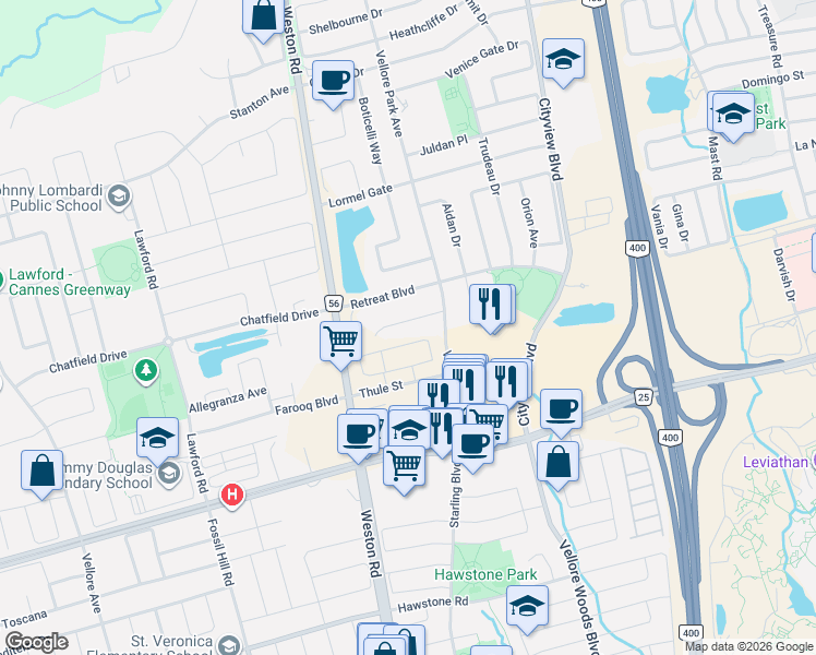 map of restaurants, bars, coffee shops, grocery stores, and more near 37 Zachary Place in Vaughan