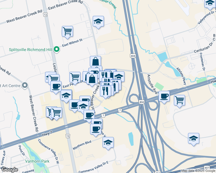 map of restaurants, bars, coffee shops, grocery stores, and more near 160 East Beaver Creek Road in Richmond Hill