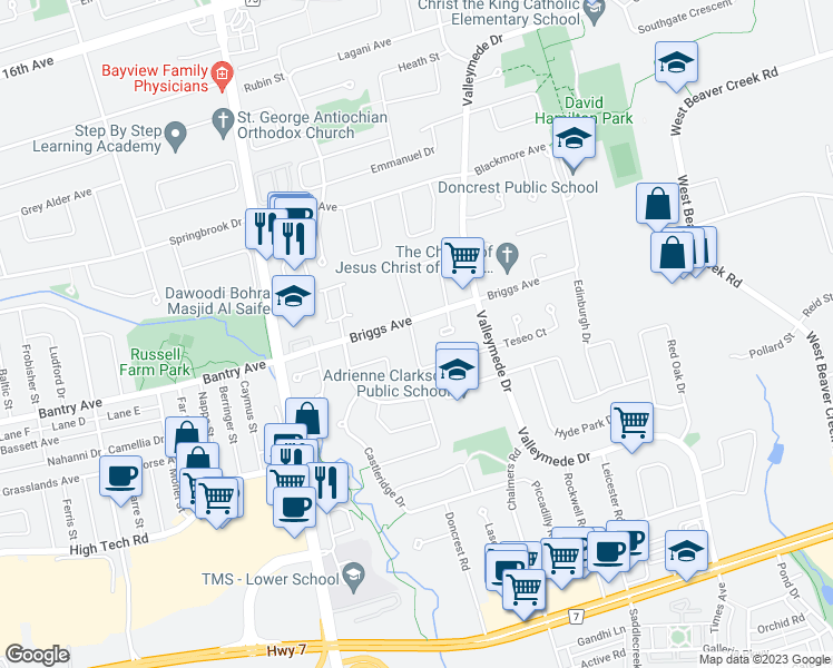 map of restaurants, bars, coffee shops, grocery stores, and more near 56 Lisa Crescent in Richmond Hill