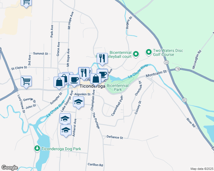 map of restaurants, bars, coffee shops, grocery stores, and more near 137 Montcalm Street in Ticonderoga