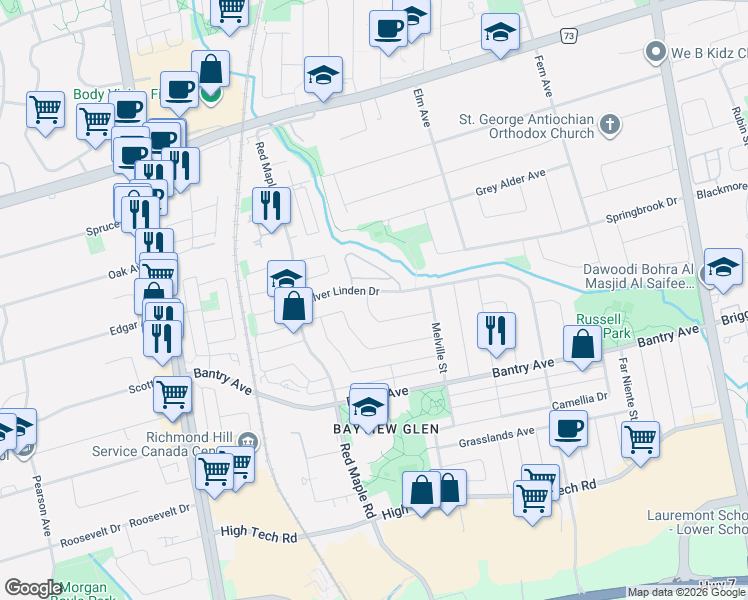 map of restaurants, bars, coffee shops, grocery stores, and more near 4 Quetico Drive in Richmond Hill