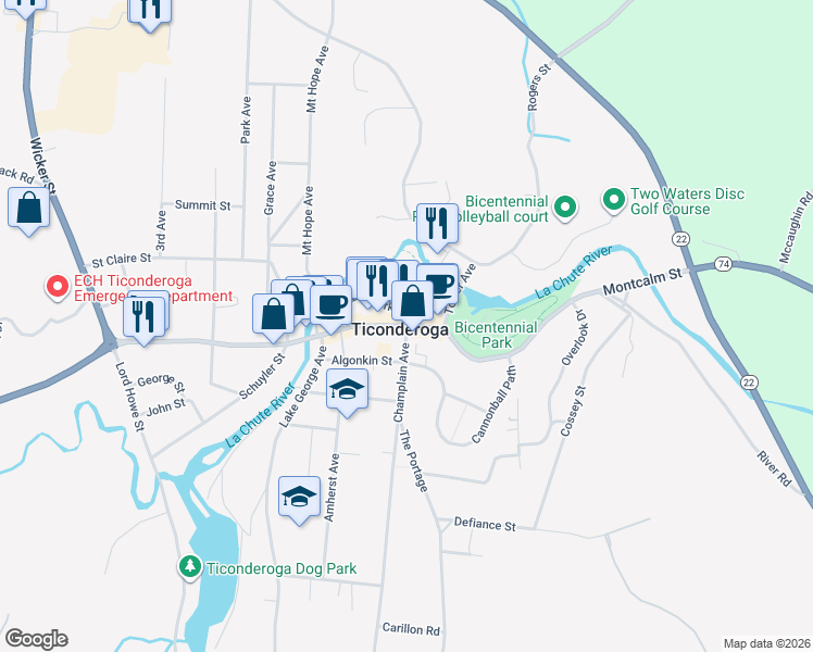 map of restaurants, bars, coffee shops, grocery stores, and more near Montcalm Street in Ticonderoga