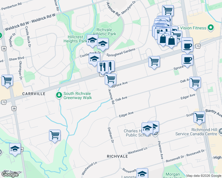 map of restaurants, bars, coffee shops, grocery stores, and more near 135 Spruce Avenue in Richmond Hill
