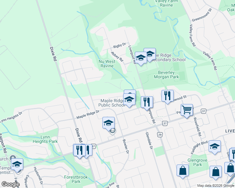 map of restaurants, bars, coffee shops, grocery stores, and more near 1221 Fieldstone Circle in Pickering