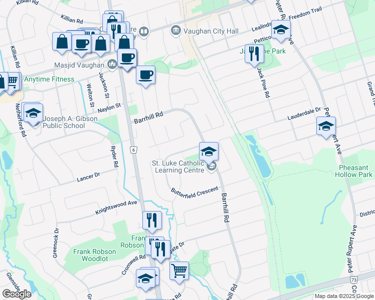 map of restaurants, bars, coffee shops, grocery stores, and more near Butterfield Crescent in Vaughan