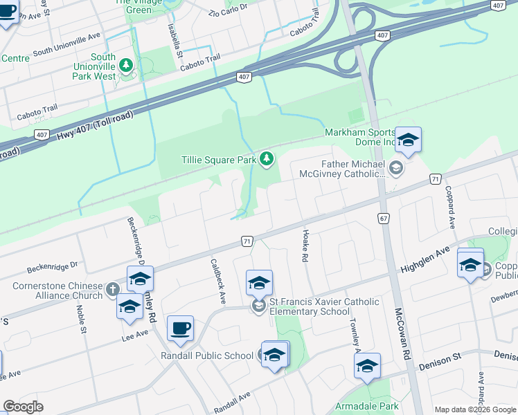 map of restaurants, bars, coffee shops, grocery stores, and more near 93 Tillie Square in Markham